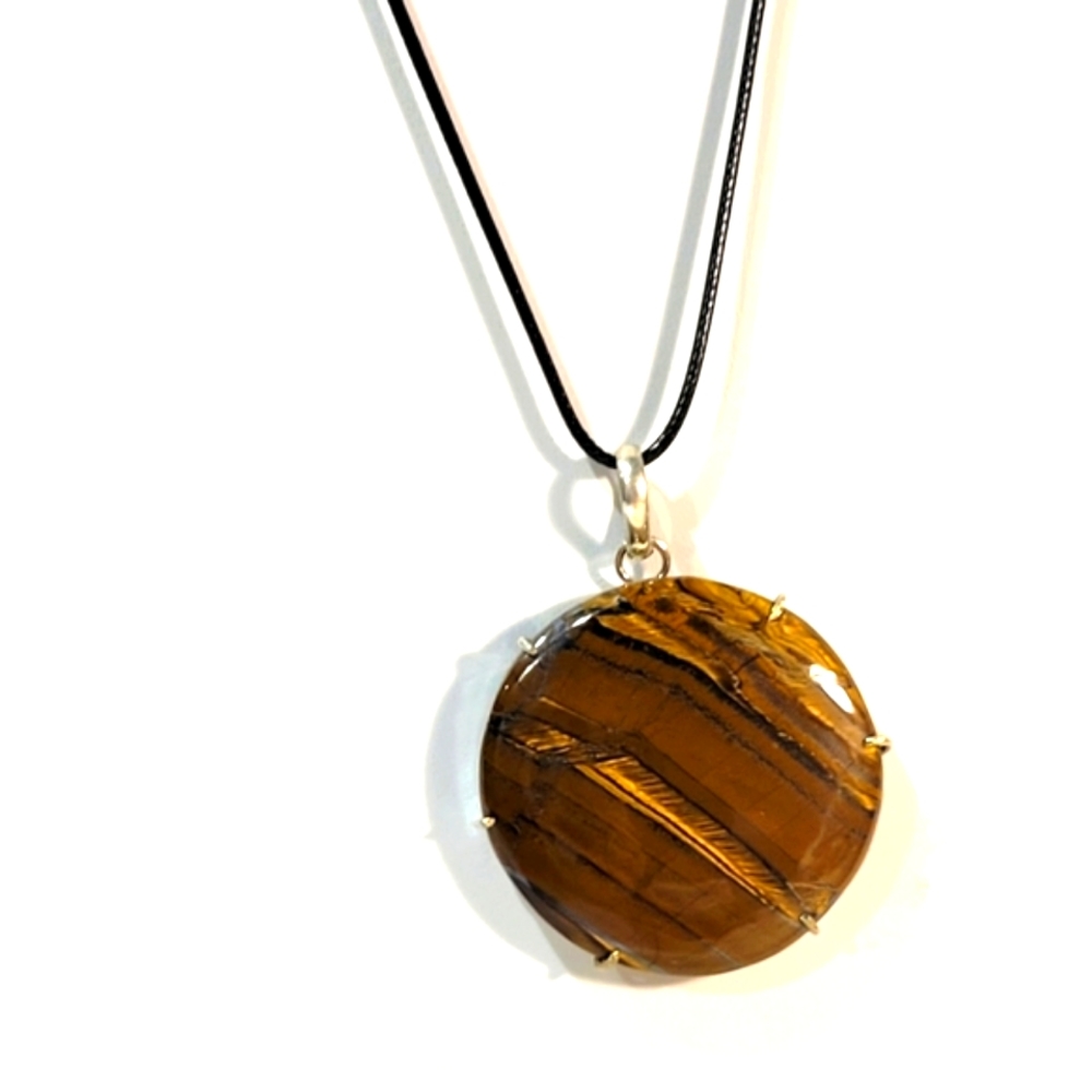 LARGE POLISHED TIGER EYE HANDMADE PENDANT SILVER 925 SETTING W/chain Necklace
